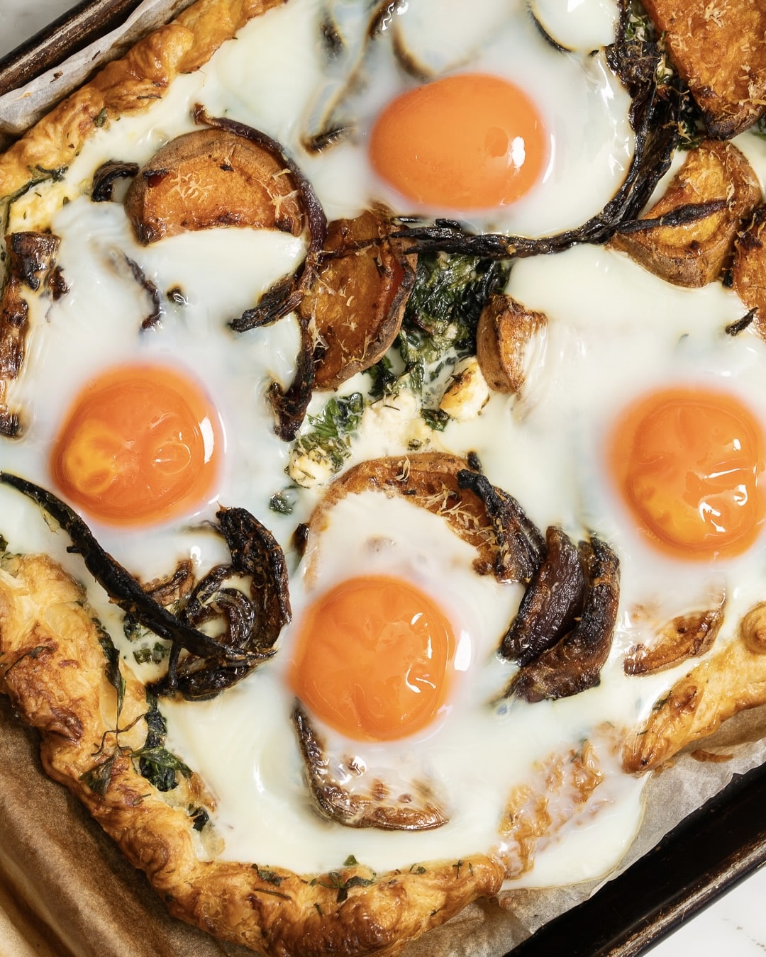 Chard, Feta & Sweet Potato Tart (with optional brunch option)